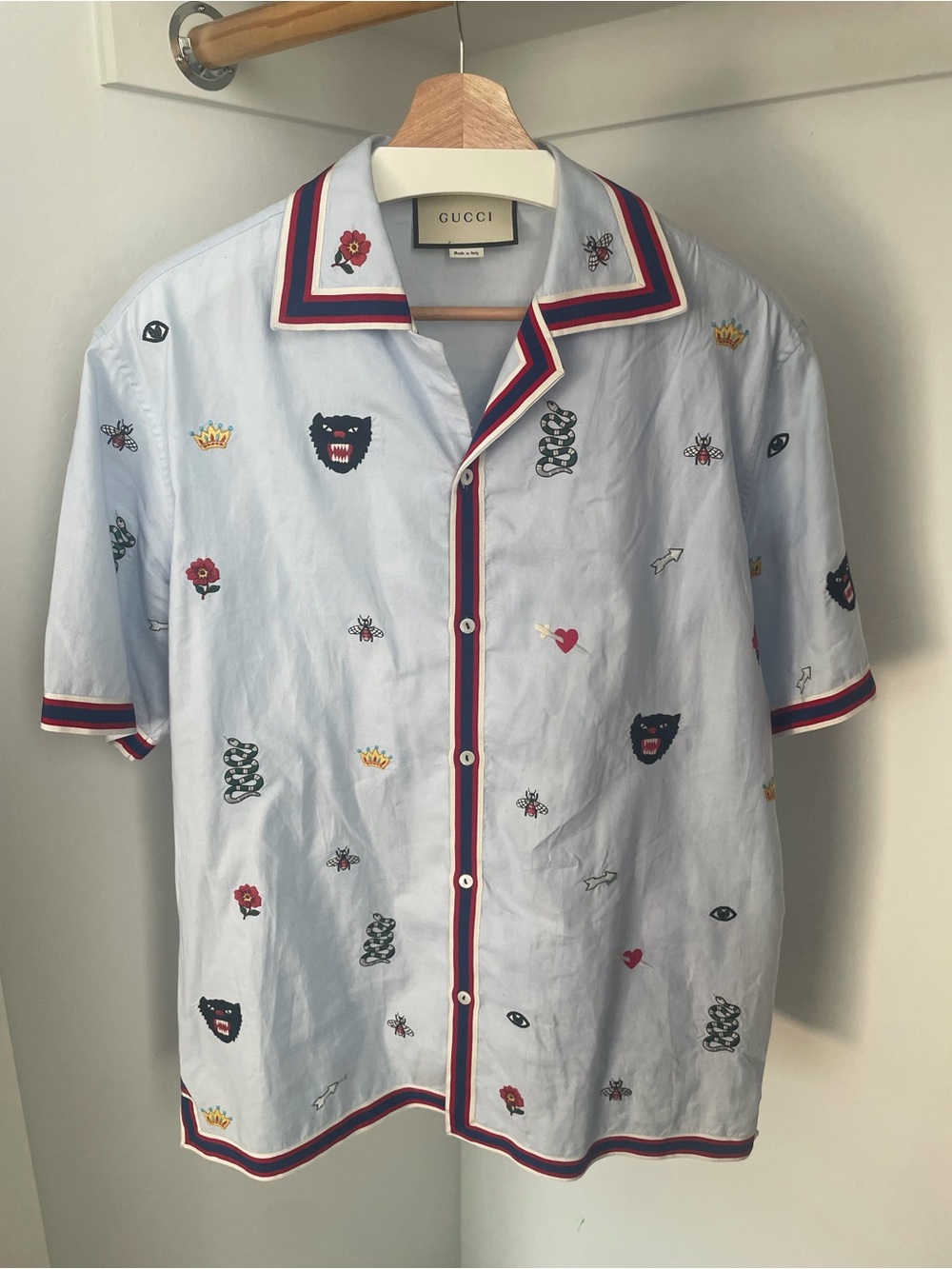 Gucci Light Blue Embroidery Bowling Shirt
